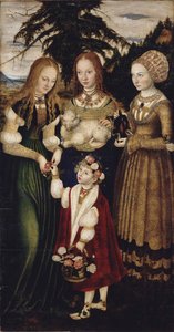 Ołtarz z męczeńską śmiercią św Katarzyny, lewe skrzydło: św. Dorota, Agnieszka i Cunigunda autorstwa Lucas Cranach the Elder