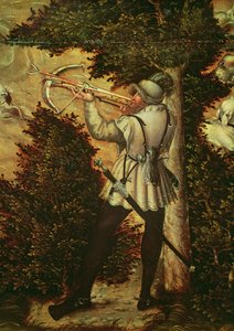 Kusznik celujący, detal z "Polowania na cześć Karola V w pobliżu zamku Hartenfels, Torgau", 1544 r. autorstwa Lucas Cranach the Elder