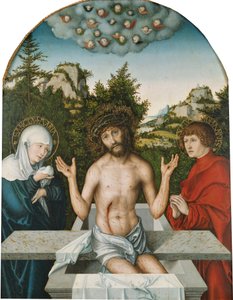 Ołtarz Pfirtschera: Chrystus jako Człowiek Boleści, siedzący na sarkofagu między Dziewicą i św. Janem [panel centralny] autorstwa Lucas Cranach the Elder
