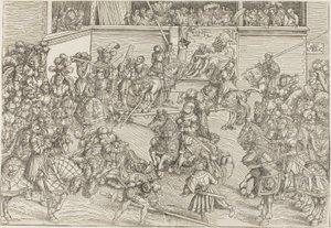 Drugi turniej z gobelinem przedstawiającym Samsona i lwa autorstwa Lucas Cranach the Elder