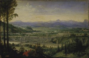 Widok Linzu z rysunkiem artystycznym na pierwszym planie, 1593. autorstwa Lucas Valckenborch van