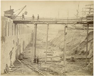 Budowa rozbudowanego basenu Limehouse, Londyn, maj 1869 autorstwa Lucas and Tuck