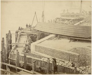 Budowa rozbudowanego basenu Limehouse, Londyn, maj 1869 autorstwa Lucas and Tuck