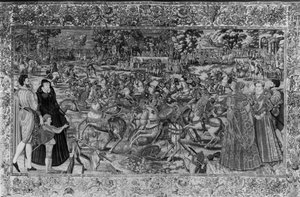 Turniej, warsztat brukselski, ok. 1582-85 (tkanina), patrz 173760, aby uzyskać szczegółowe informacje)