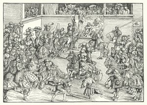 Turniej z Gobelinem Samsona i Lwa (grafika) autorstwa Lucas the Elder (after) Cranach
