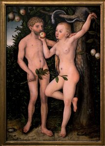 Adam i Ewa. Obraz Lucasa Cranacha pierwszego (1472-1553), ok. 1538. Sztuka flamandzka XVI wiek. Galeria Narodowa, Pałac Sternberg, Praga (Czechy).
