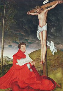 Albert, kardynał elektor Moguncji u stóp krzyża (olej na desce) autorstwa Lucas the Elder Cranach