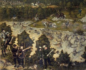 Polowanie na cześć Karola V na zamku Torgau w Niemczech Cesarz jest prawdopodobnie przedstawicielem po lewej stronie. Szczegół. Obraz Lucasa Cranacha Starszego (1472-1553). 16 wiek. Madryt. Muzeum Prado autorstwa Lucas the Elder Cranach