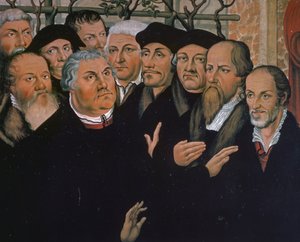 Marcin Luter z przedstawicielami reformacji protestanckiej, po prawej Melanchton, w centrum Erazm z Rotterdamu, fragment ze Zmartwychwstania Łazarza, obraz Lucasa Cranacha Starszego (1472-1553)