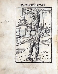 Bapstesel zu Rom (Osioł papieski lub Osa papieski z Rzymu), autorstwa Cranacha, Lucasa, starszego (1472-1553). Drzeworyt autorstwa Lucas the Elder Cranach