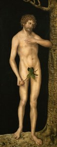 Upadek człowieka: Adam - Lucas Cranach, starszy (1472-1553). Olej na drewnie, ok. 1510-1520. Wymiar : 137x54 cm. Muzeum Historii Sztuki, Wiedeń autorstwa Lucas the Elder Cranach