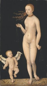 Venus et Cupidon - Wenus i Kupidyn, autorstwa Cranacha, Lucasa Starszego (1472-1553). Olej na drewnie. Wymiar : 90x49,5 cm. Muzeum Narodowe w Sztokholmie autorstwa Lucas the Elder Cranach