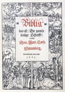 Strona tytułowa, z delikatną bordiurą obrazkową z „Biblia, das ist: Całe pismo święte: niemiecki”, przekład Marcina Lutra, 1560-1561