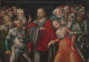 Chrystus i cudzołożnica, ok. 1545-50 (olej na buku) autorstwa Lucas the Younger studio of Cranach