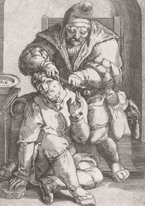 XVII-wieczny cyrulik opiekujący się uchem pacjenta. autorstwa Lucas van (after) Leyden