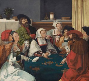 Gracze w karty, prawdopodobnie ok. 1550-99 (olej na płótnie) autorstwa Lucas van (after) Leyden