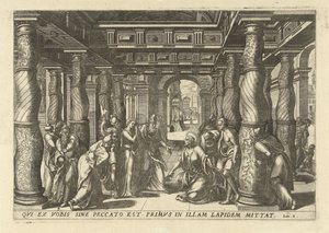 Chrystus en de overspelige vrouw Trzynaście najbardziej eleganckich i ozdobnych ikon Nowego Testamentu w świątyni (tytuł serii) autorstwa Lucas van Doetechum
