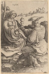 Szlachcic i dama siedzący w krajobrazie autorstwa Lucas van Leyden