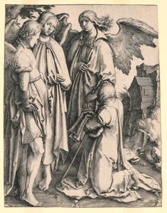 Abraham i trzej aniołowie autorstwa Lucas van Leyden