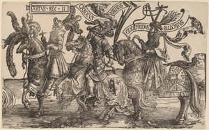Artur, Karol Wielki (Charlemagne), Godfry z Bouillon autorstwa Lucas van Leyden