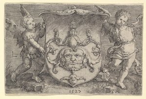 Herb z maską, trzymany przez dwóch Genii, 1527. autorstwa Lucas van Leyden