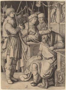 Dawid grający na harfie przed Saulem autorstwa Lucas van Leyden