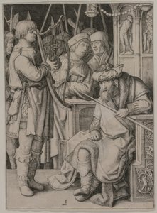 Dawid grający na harfie przed Saulem autorstwa Lucas van Leyden