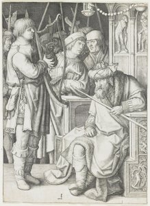 Dawid grający na harfie przed Saulem, ok. 1508 r. autorstwa Lucas van Leyden