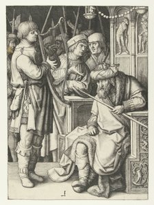Dawid gra na harfie dla Saula autorstwa Lucas van Leyden