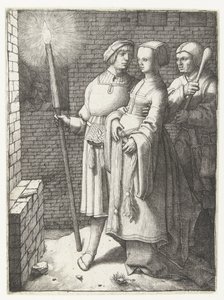 Młody mężczyzna z pochodnią, kobieta i nar autorstwa Lucas van Leyden