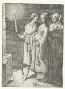 Młody mężczyzna z pochodnią, kobieta i nar autorstwa Lucas van Leyden