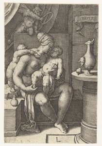 Miłość Caritas (tytuł na obiekcie) Siedem cnót (tytuł serii) autorstwa Lucas van Leyden
