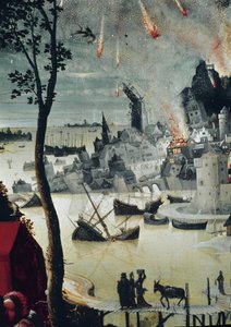 Lot i jego córki, szczegół zniszczenia Sodomy (olej na desce, ok. 1517) autorstwa Lucas van Leyden