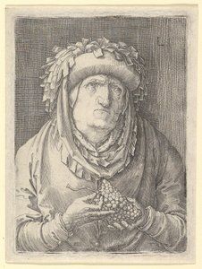 Stara kobieta z winogronami, ca. 1523. autorstwa Lucas van Leyden