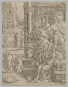 Poeta Virgil zawieszony w koszu, 1525. autorstwa Lucas van Leyden