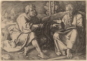 Święci Piotr i Paweł siedzący w krajobrazie autorstwa Lucas van Leyden