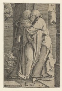 Św. Joachim w objęciach św. Anny, 1520. autorstwa Lucas van Leyden