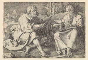 św. Piotr i Paweł siedzący w krajobrazie, 1527. autorstwa Lucas van Leyden
