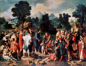 Uzdrowienie ślepca z Jerycha, panel centralny, 1531. autorstwa Lucas van Leyden