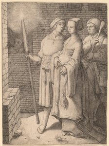 Mężczyzna z pochodnią i kobieta śledzona przez głupca autorstwa Lucas van Leyden