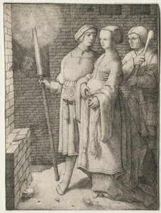 Mężczyzna z pochodnią i kobieta śledzona przez głupca autorstwa Lucas van Leyden