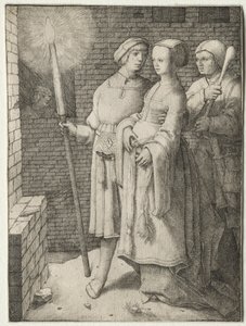 Mężczyzna z pochodnią i kobieta śledzona przez głupca, c. 1508. autorstwa Lucas van Leyden