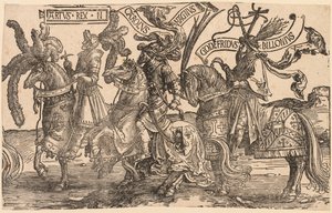 Dziewięciu Bohaterów: Artur, Karol Wielki (Charlemagne), Godfrey z Bouillon autorstwa Lucas van Leyden