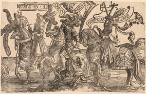 Dziewięciu bohaterów: Artur, Karol Wielki Karol Wielki, Godfrey z Bouillon, 1515-1517. autorstwa Lucas van Leyden