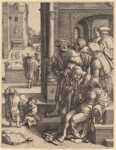 Poeta Virgil zawieszony w koszu autorstwa Lucas van Leyden