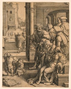 Poeta Virgil zawieszony w koszu autorstwa Lucas van Leyden