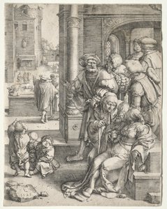 Poeta Virgil zawieszony w koszu, 1525. autorstwa Lucas van Leyden