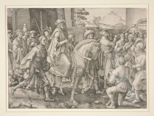 Triumf Mardocheusza, Estera 6.11 autorstwa Lucas van Leyden