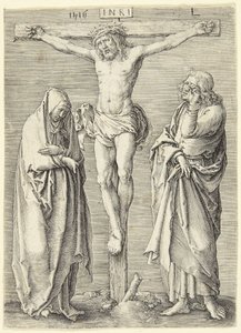 Matka Boska i święty Jan u stóp krzyża autorstwa Lucas van Leyden