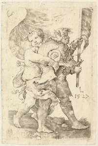 Dwóch chłopców z kaskiem i sztandarem, 1527. autorstwa Lucas van Leyden